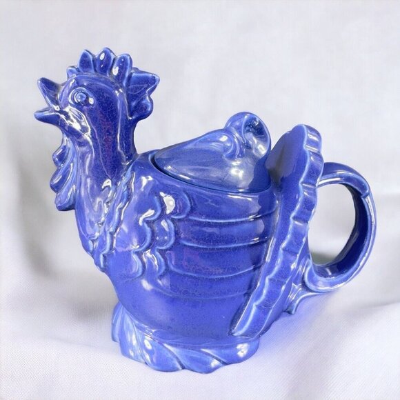 RED WING Pottery Cobalt Blue Hen Chicken Teapot Carafe USA Made Ceramic Vintage - Picture 2 of 16